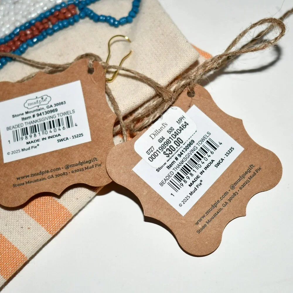 Mud Pie Beaded Thanksgiving Towel Set #94130969 NWT Details: Set of 2 Cotton han